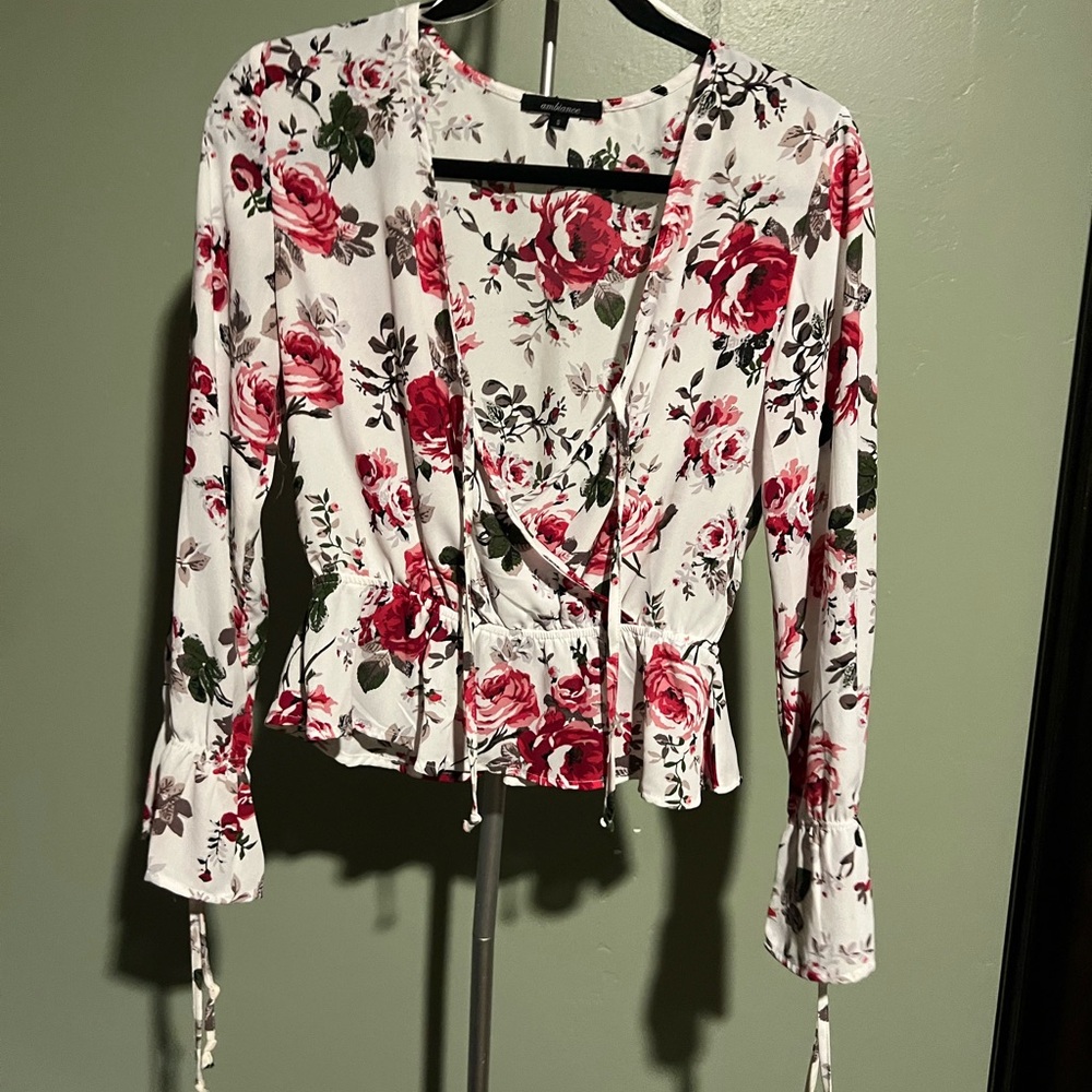 Ambiance Floral Wrap Blouse - White and Red